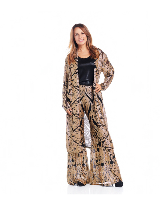 GOLD/BLACK SEQUIN DAMASK JACKET W/ POCKETS