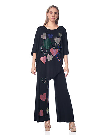 CONJUNTO DE PANTALÓN DE 2 PIEZAS CON CORAZONES DE DIAMANTES NEGRO