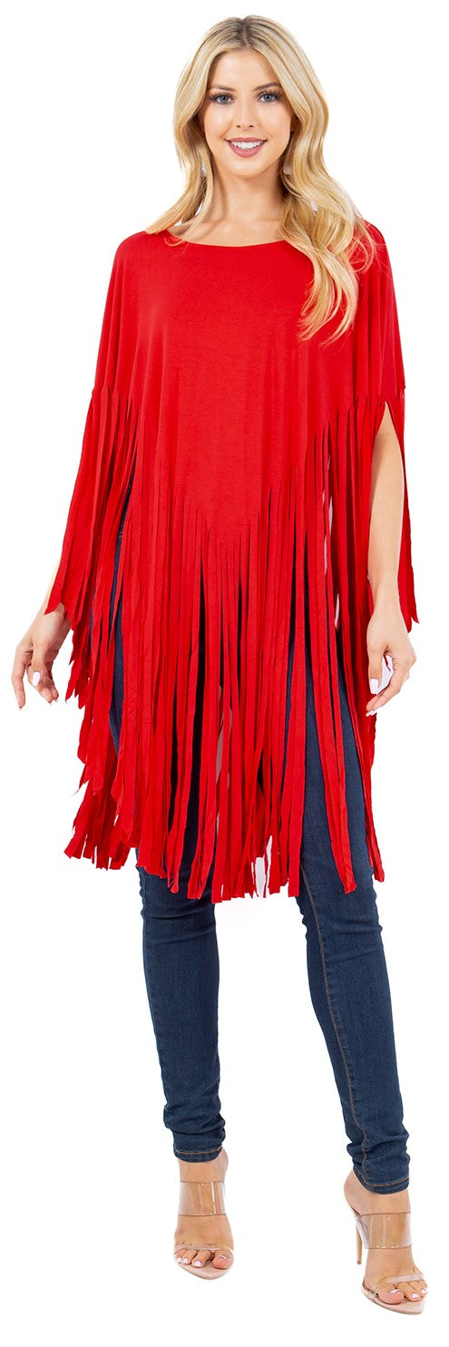 LONG FRINGE PONCHO TOP