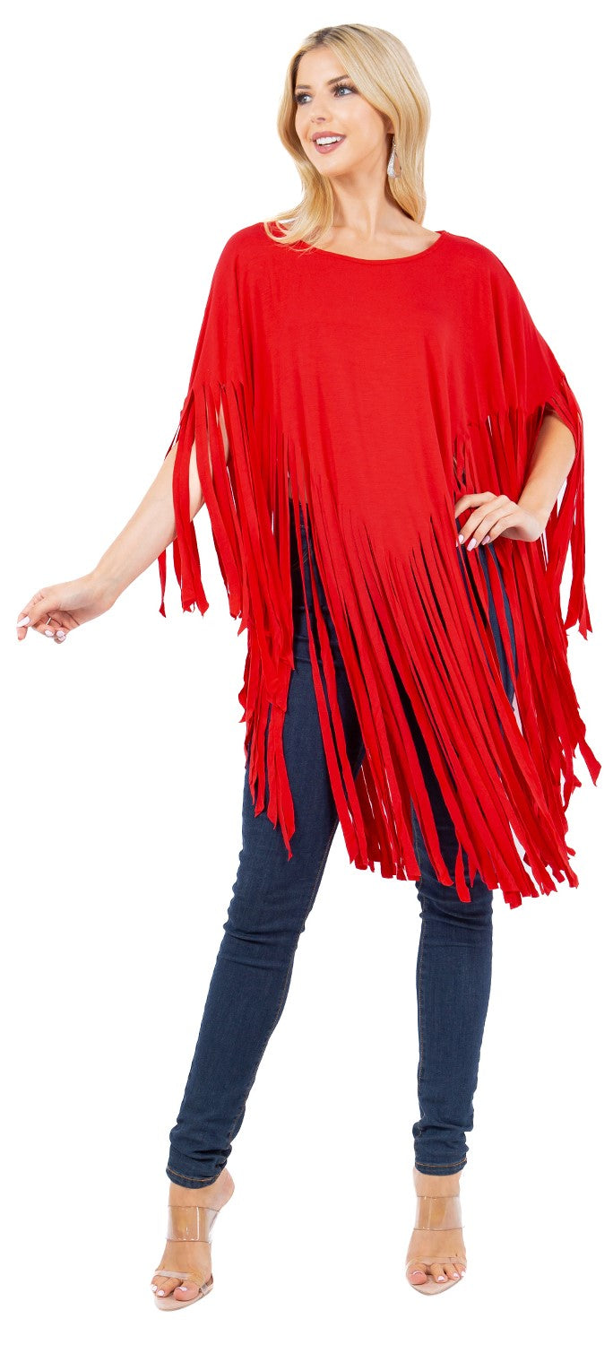 LONG FRINGE PONCHO TOP