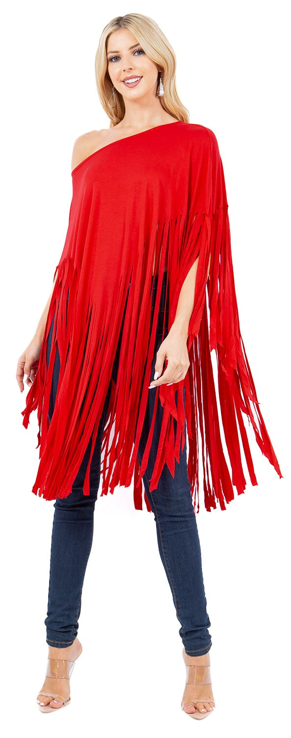 LONG FRINGE PONCHO TOP