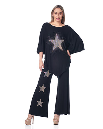 CONJUNTO DE PANTALÓN DE 2 PIEZAS CON ESTRELLAS DE DIAMANTES NEGRO