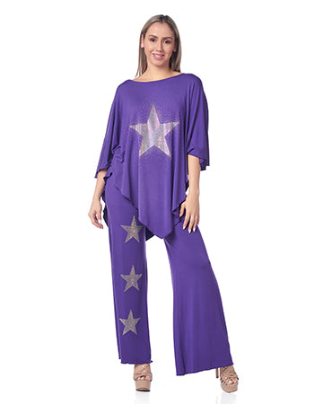 CONJUNTO DE PANTALÓN DE 2 PIEZAS CON ESTRELLAS DE DIAMANTES, MORADO