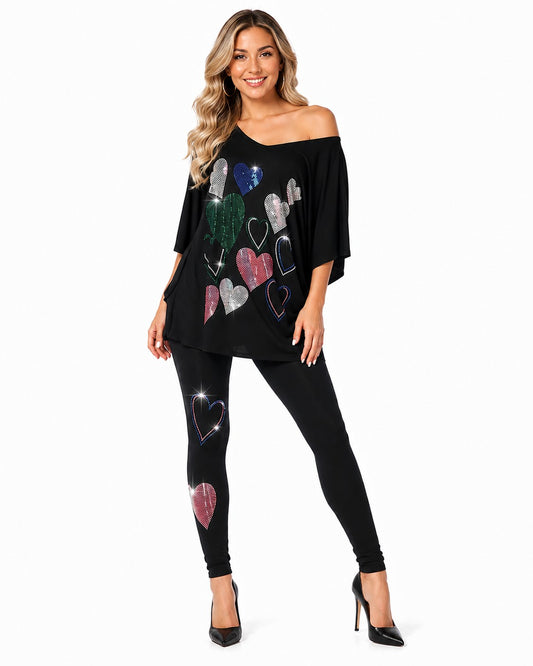 RHINESTONE HEARTS 2PC LEGGING SET BLACK