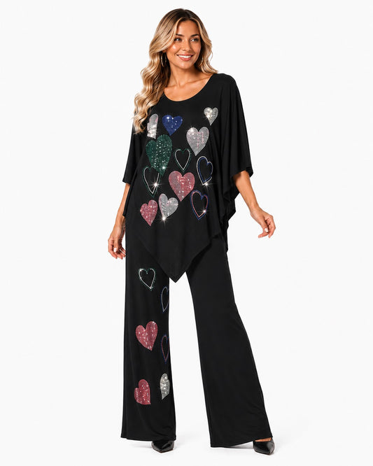 RHINESTONE HEARTS 2PC PANT SET BLACK
