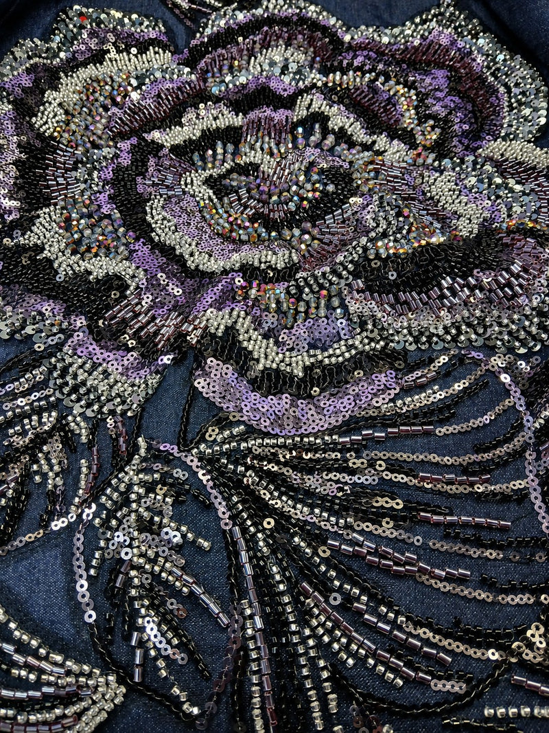 LONG SLEEVE DENIM SEQUIN BEADED BLAZER