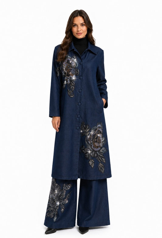 LONG SLEEVE DENIM SEQUIN-BEADED JACKET/DRESS