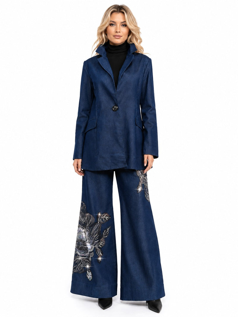 LONG SLEEVE DENIM SEQUIN BEADED BLAZER