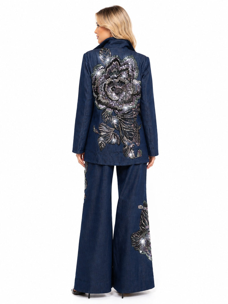LONG SLEEVE DENIM SEQUIN BEADED BLAZER