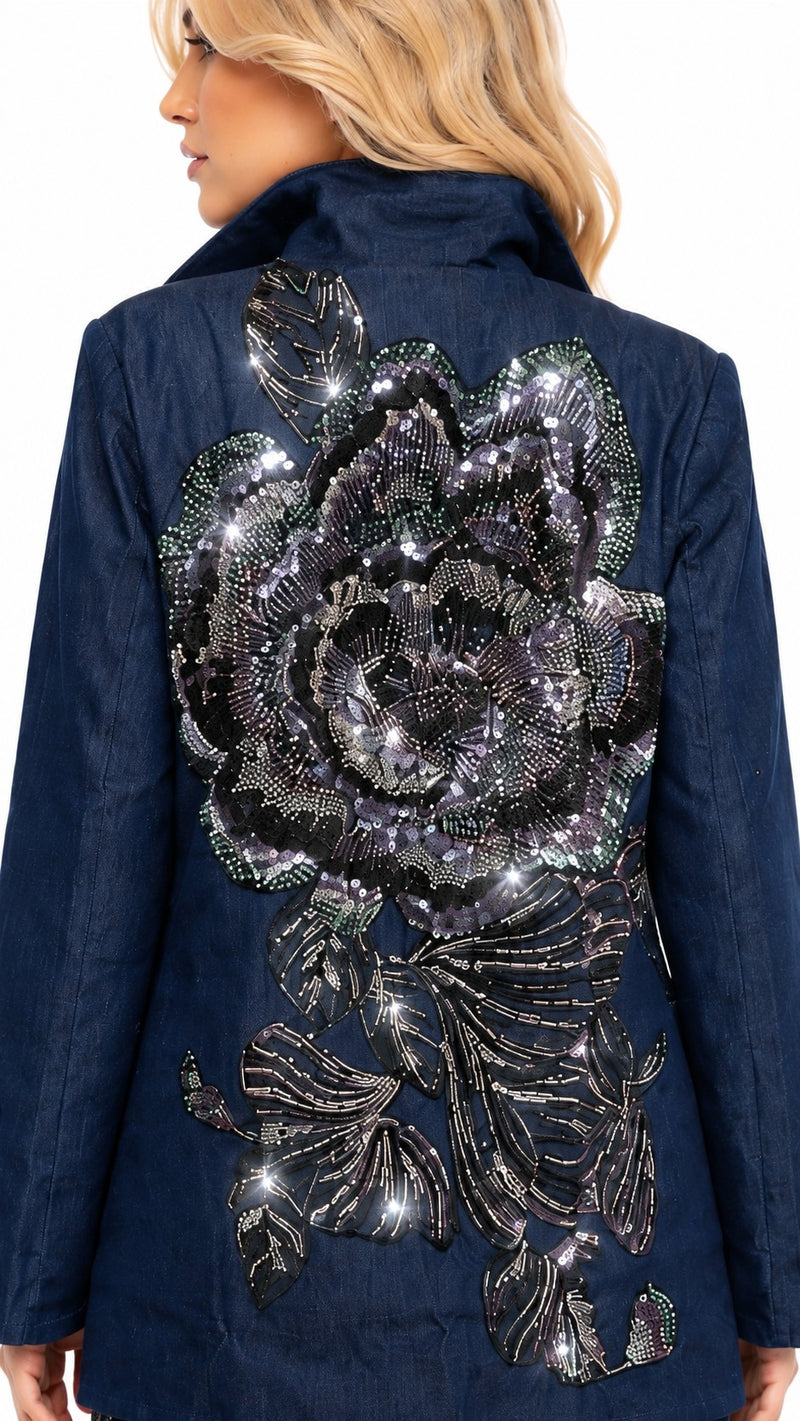LONG SLEEVE DENIM SEQUIN BEADED BLAZER