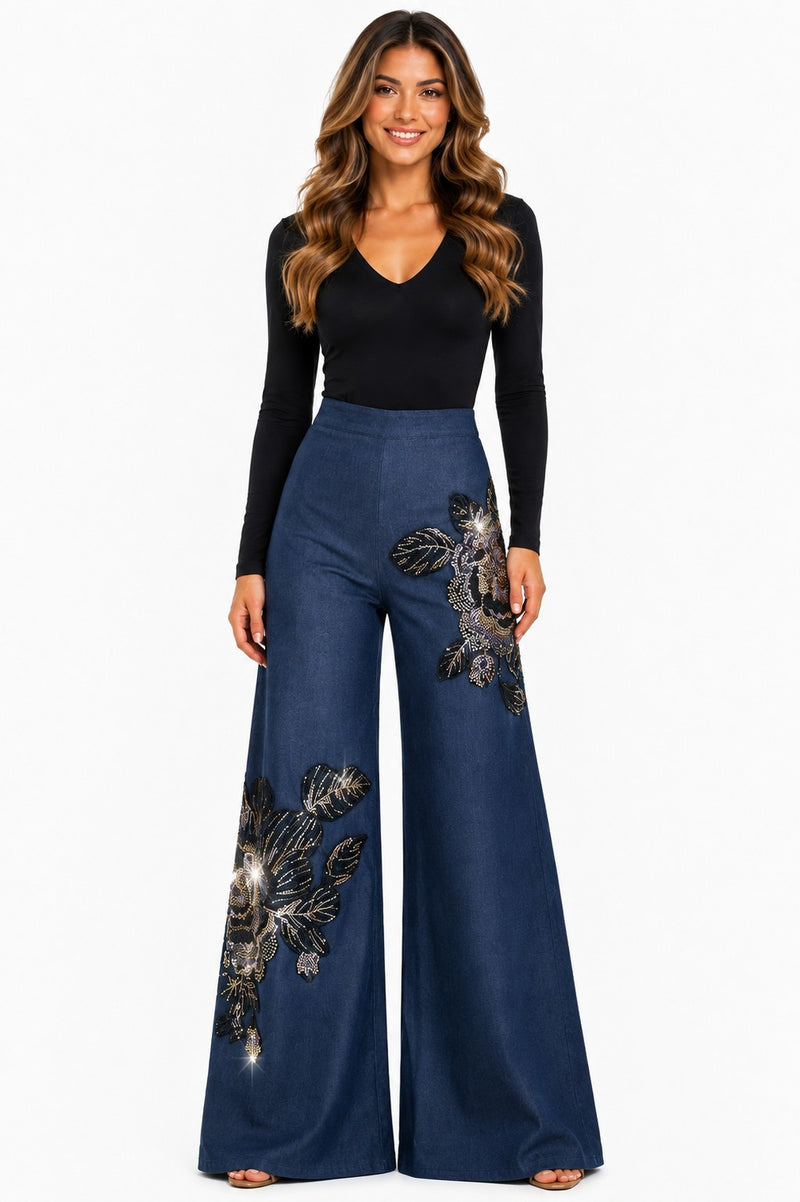 PALAZZO DENIM SEQUIN BEADED PANTS