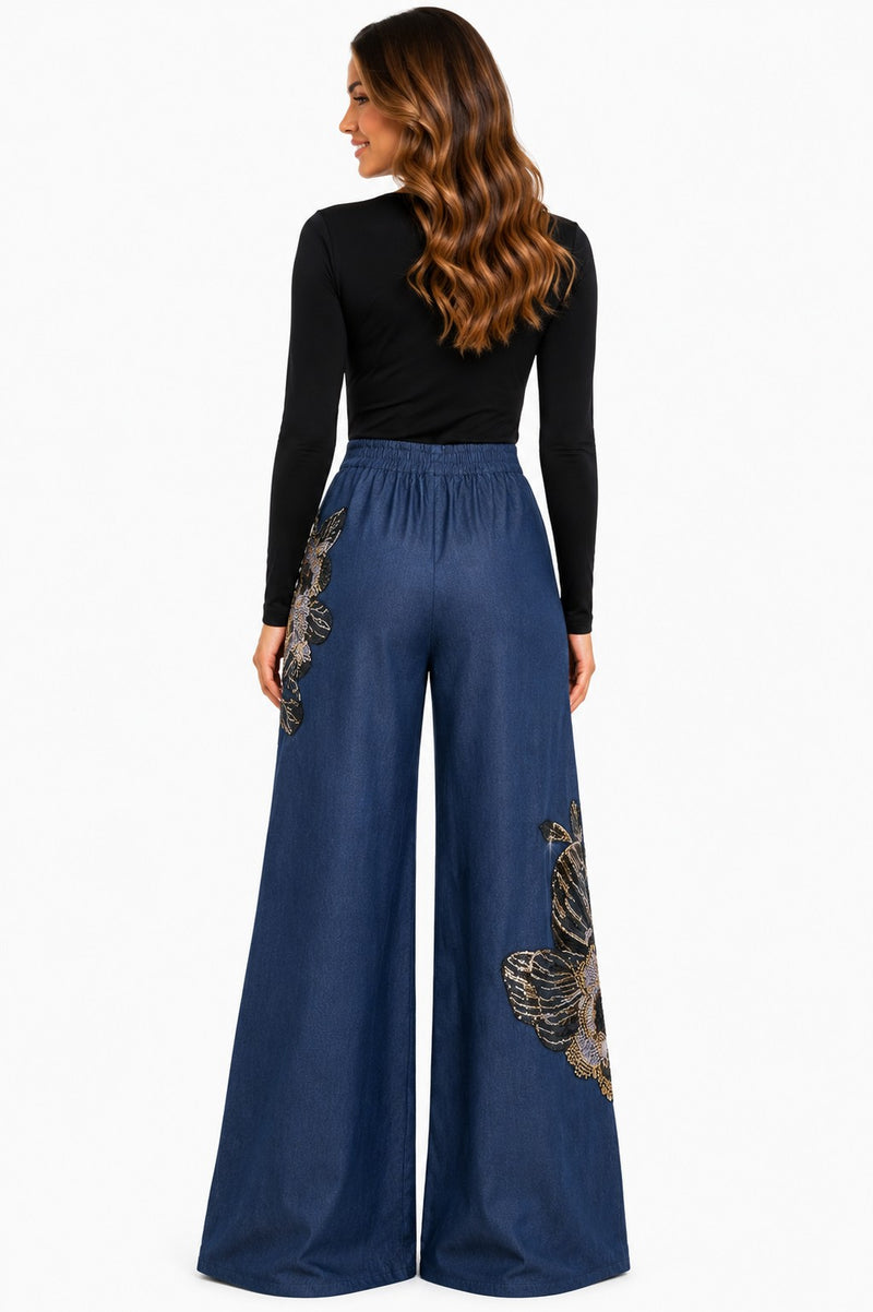 PALAZZO DENIM SEQUIN BEADED PANTS