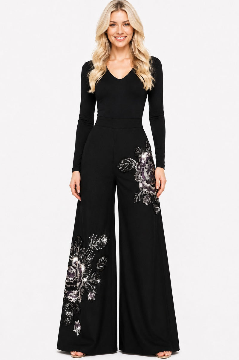 PALAZZO DENIM SEQUIN BEADED PANTS