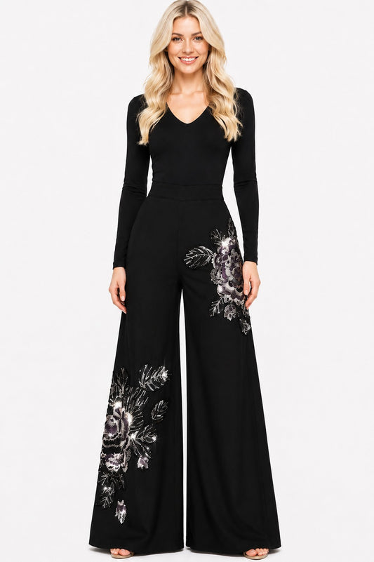 PALAZZO DENIM SEQUIN-BEADED PANTS