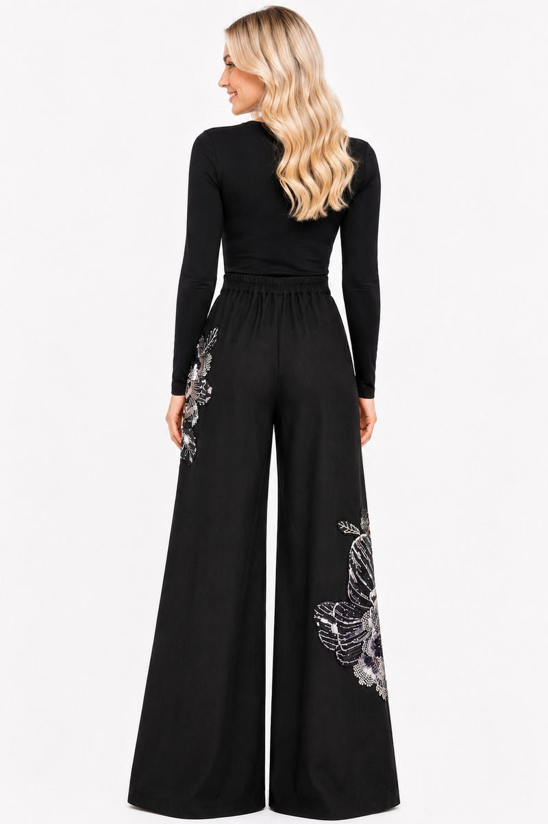PALAZZO DENIM SEQUIN BEADED PANTS