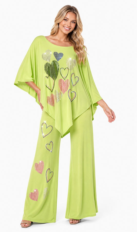 RHINESTONE HEARTS 2PC PANT SET LIME