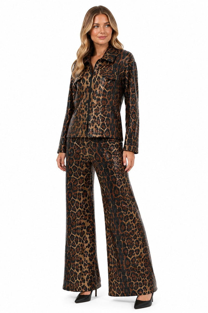 LONG SLEEVE SEQUIN-FOIL PALAZZO PANTS