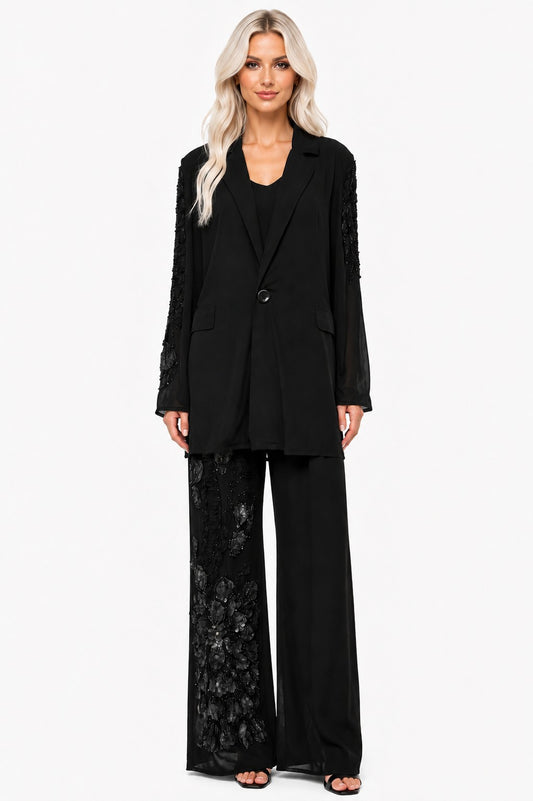 LONG SEEEVE MESH 3D FLORAL BEDED LACE BLAZER