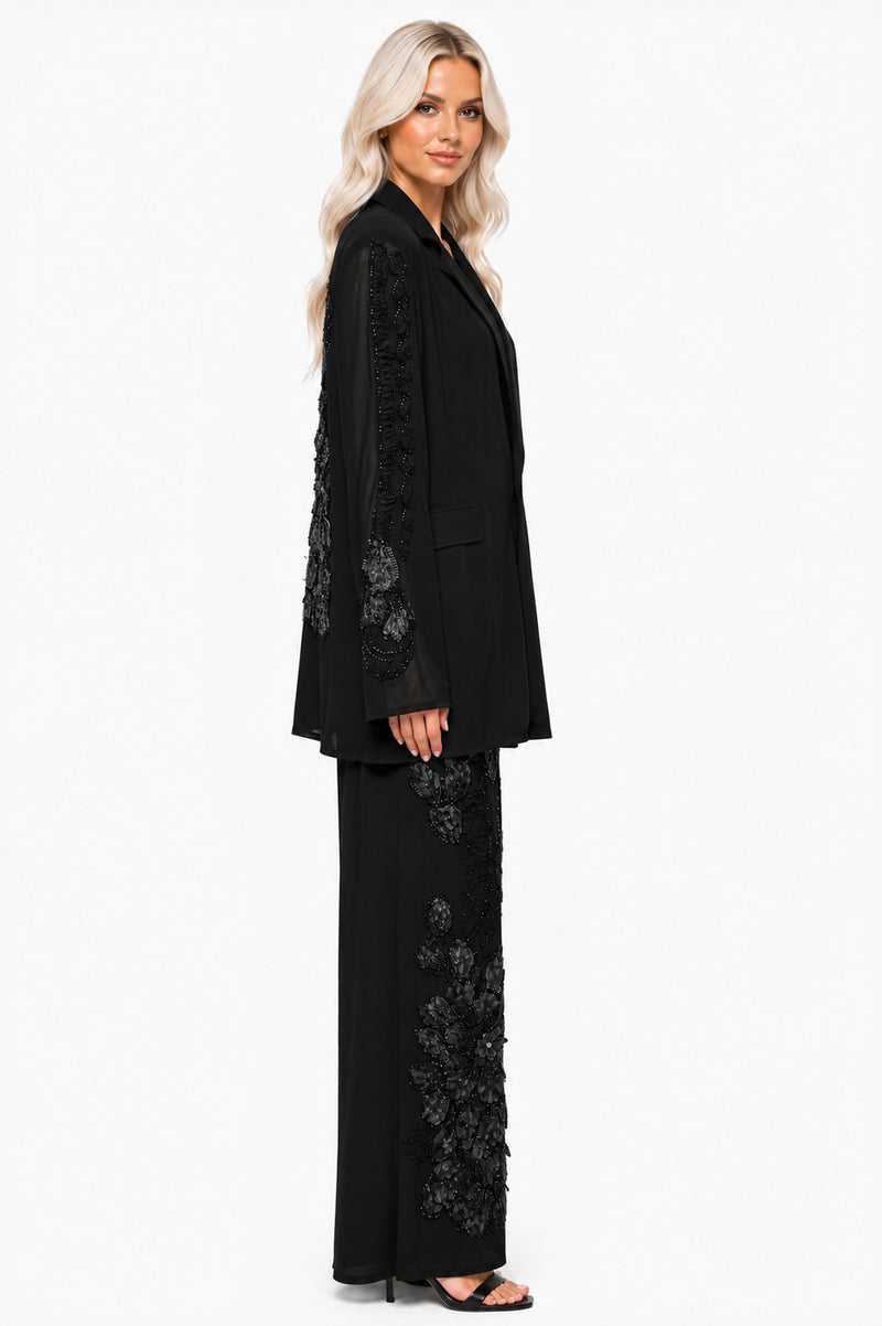 LONG SEEEVE MESH 3D FLORAL BEDED LACE BLAZER
