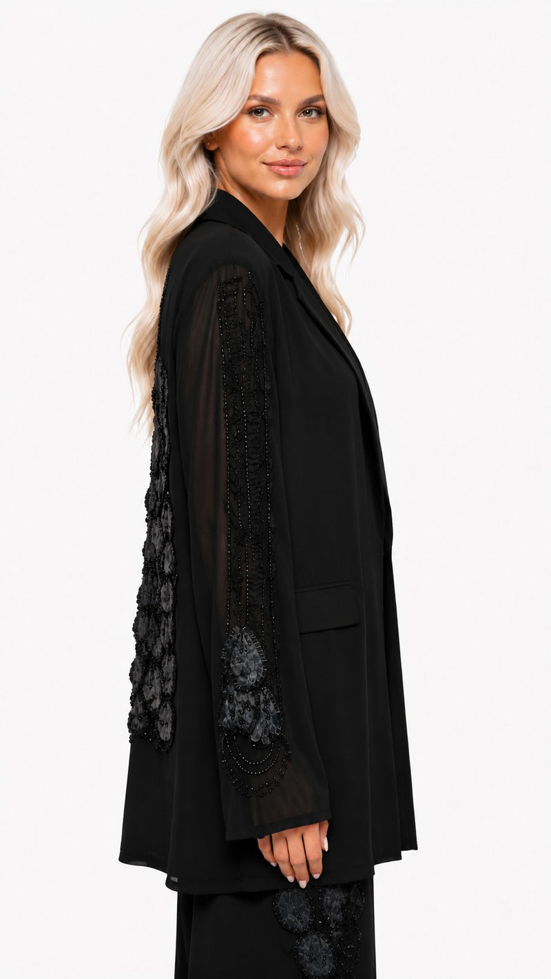 LONG SEEEVE MESH 3D FLORAL BEDED LACE BLAZER
