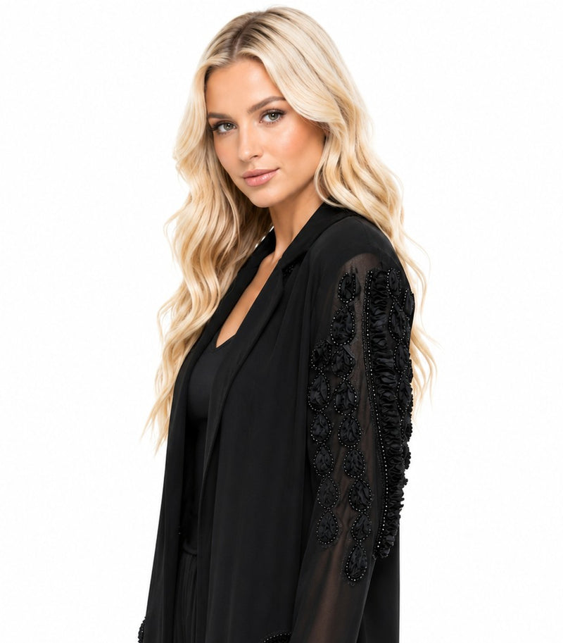 LONG SEEEVE MESH 3D FLORAL BEDED LACE BLAZER