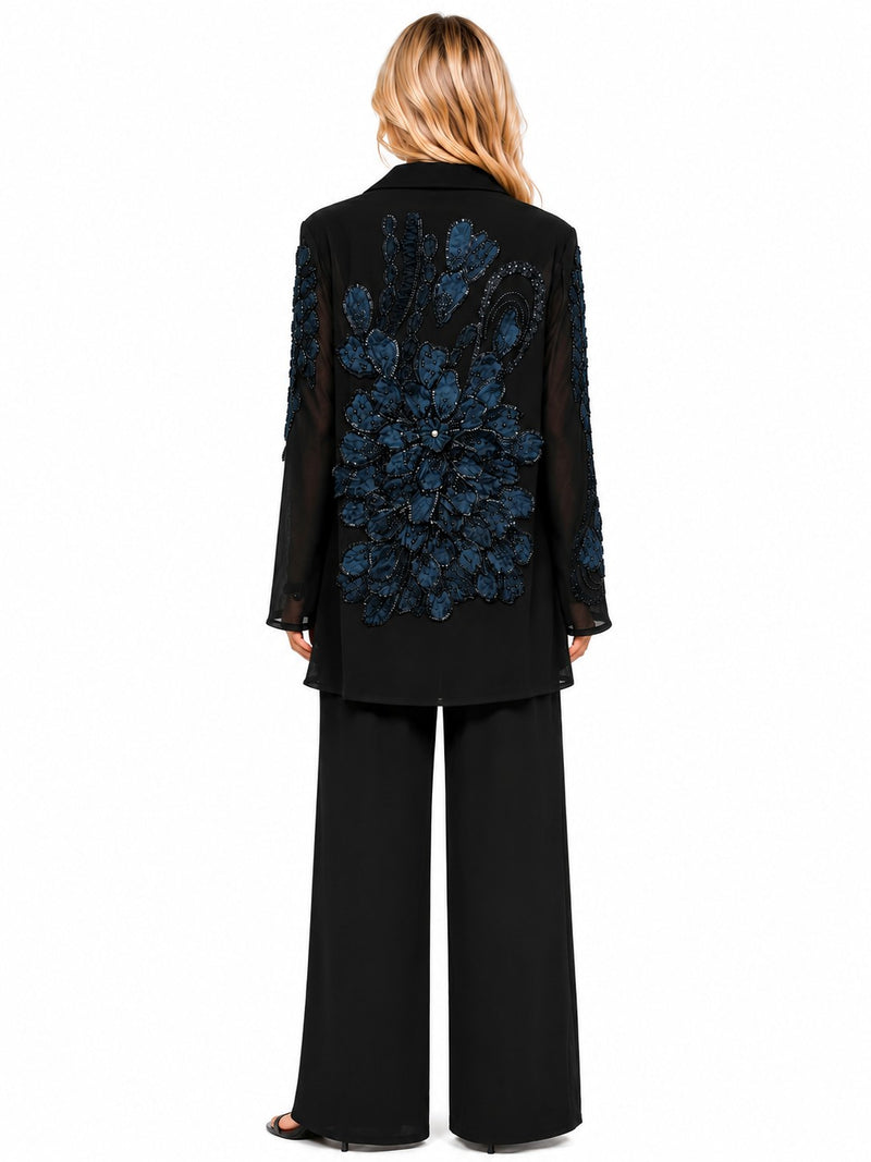 LONG SEEEVE MESH 3D FLORAL BEDED LACE BLAZER