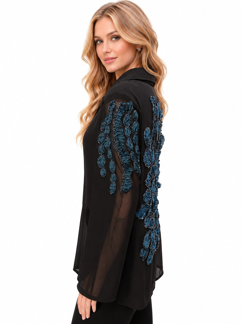 LONG SEEEVE MESH 3D FLORAL BEDED LACE BLAZER