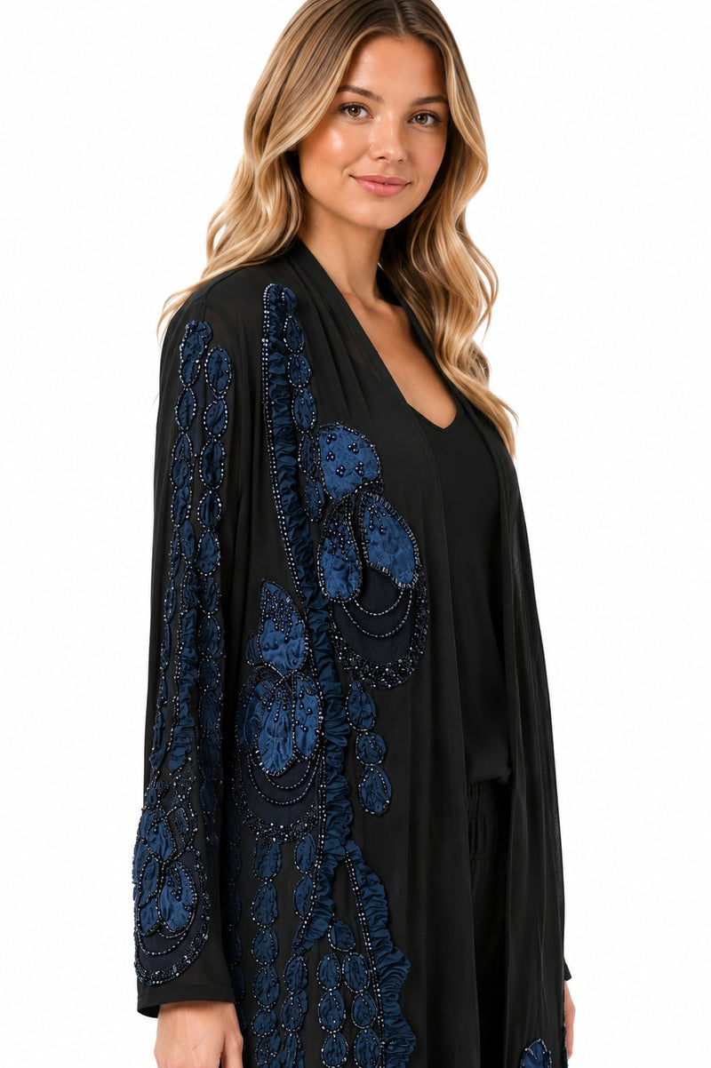 LONG SLEEVE MESH 3D FLORAL BEADED DUSTER JACKET